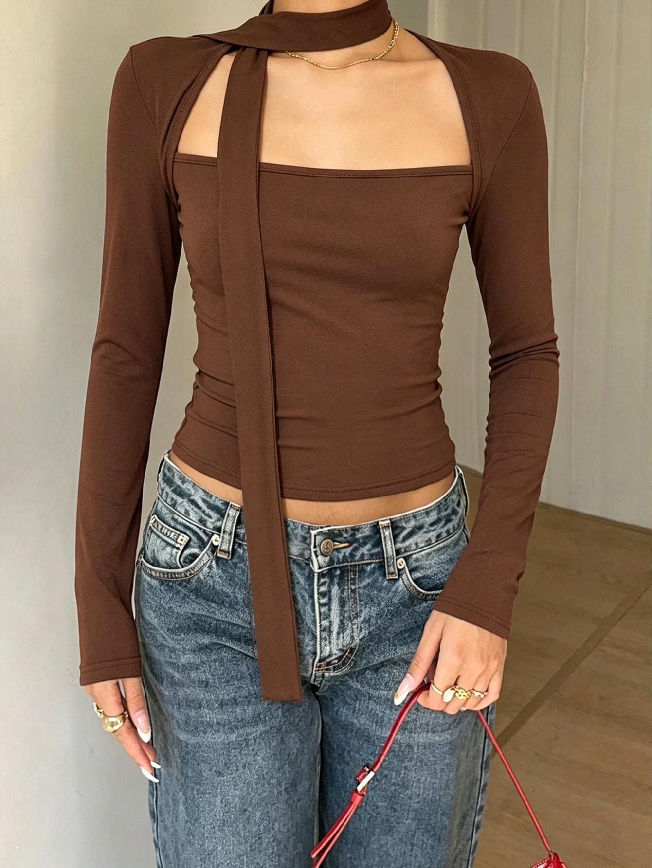 American Style Long Sleeve Crop Top Square Neck Slim Fit Adjustable Tie Soft Fabric Casual Wear for Women OEM