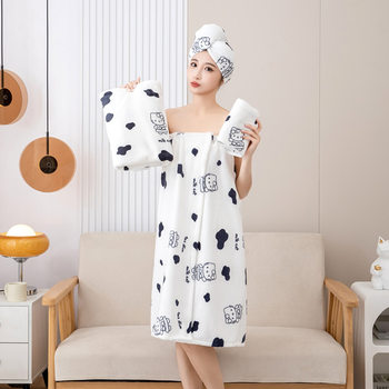 Thickened Kitten Four-Piece Absorbent Soft Towel Set Wearable and Wrapable Bath Skirt Home Bath Towel Cartoon Shower Cap