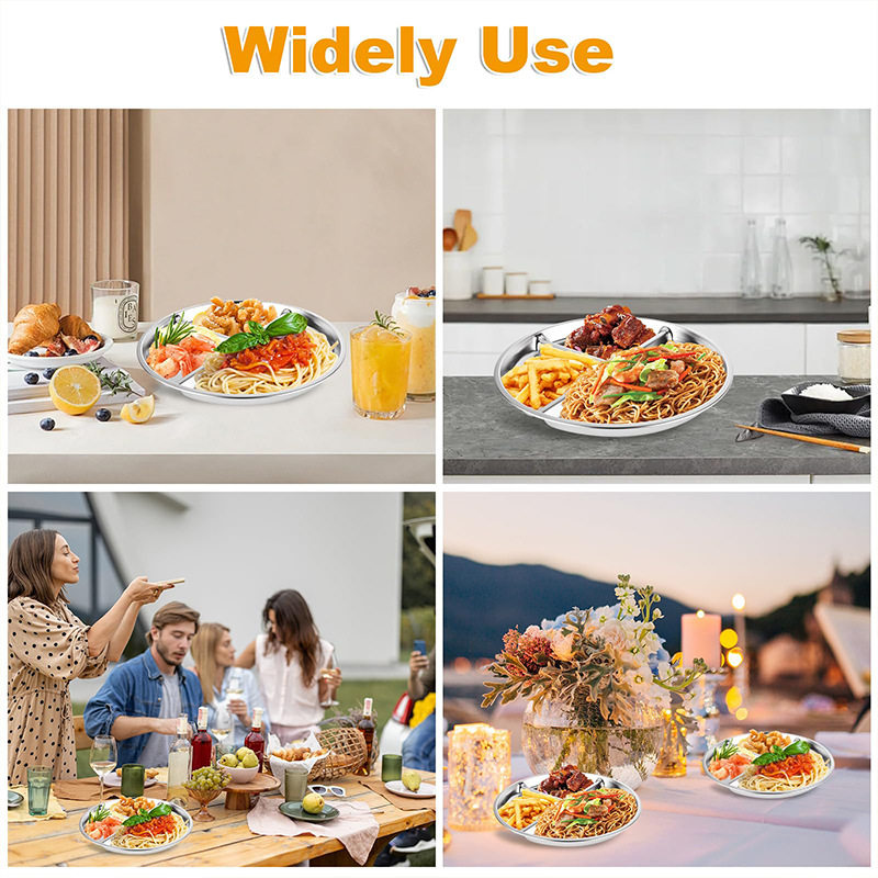 Amazon New Product Dinner Plate Children's Tableware Food-Grade Fat-Reducing Plate Non-Slip Feeding 304 Stainless Steel Three-Compartment Dinner Plate