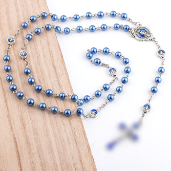 Cross-border Hot Necklace Vintage Royal Blue Alloy Cross Pendant Rosary Beads Beaded Necklace