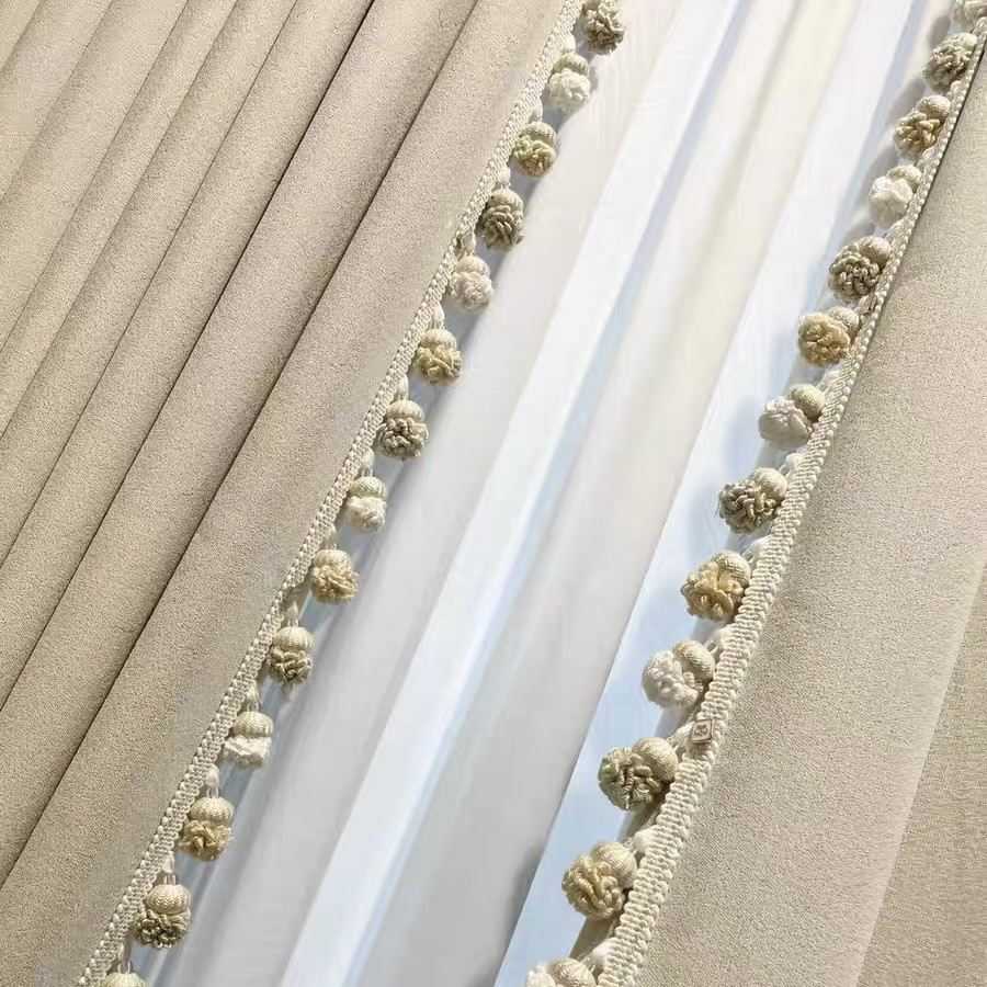 Curtain Lace Accessories with Tassels on the Side, Trendy Pine Cone Ball Decoration, Black Valance Splicing Edge Tassels, No Sewing Required