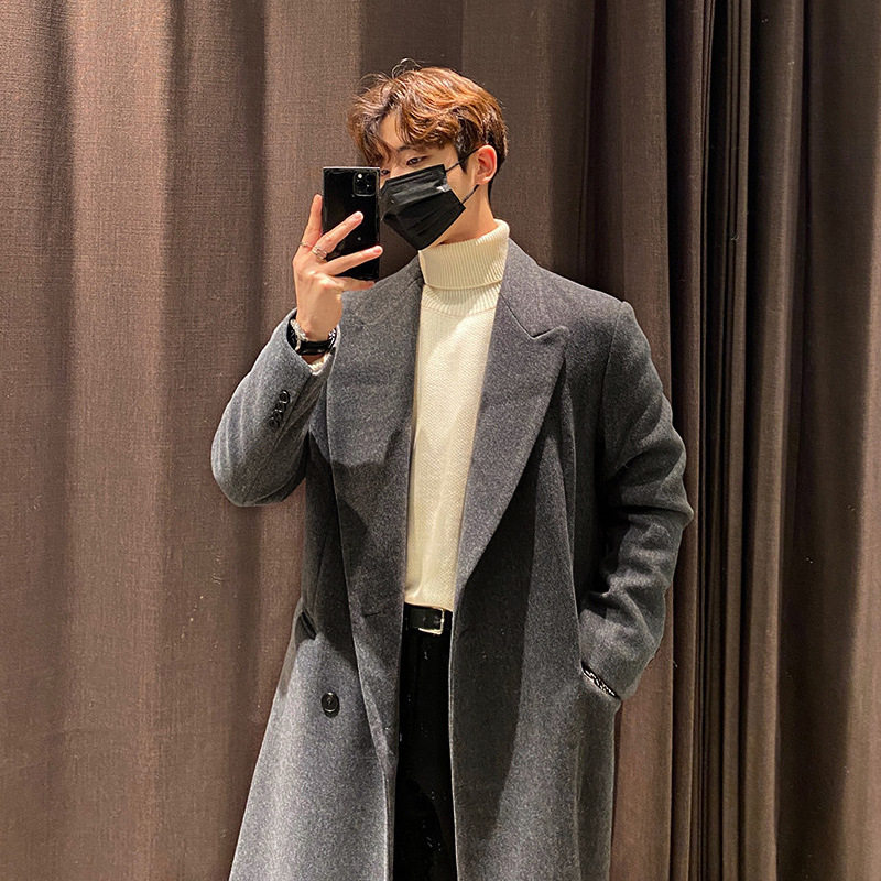 Mens Overcoat Windproof Double Layer Long Trench Coat Casual Wool Blend Available in Gray Coffee Black Wholesale