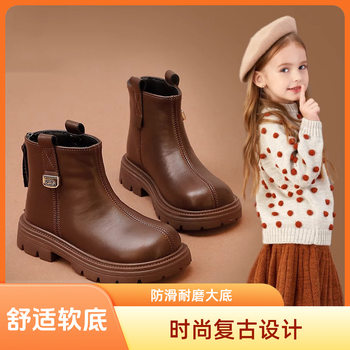 Girls' Fleece-Lined Warm Short Boots, Korean Style Cotton Boots, Little Girls' Genuine Leather Soft-Soled Runway Boots, Leather Boots, Winter Fleece-Lined and Thickened