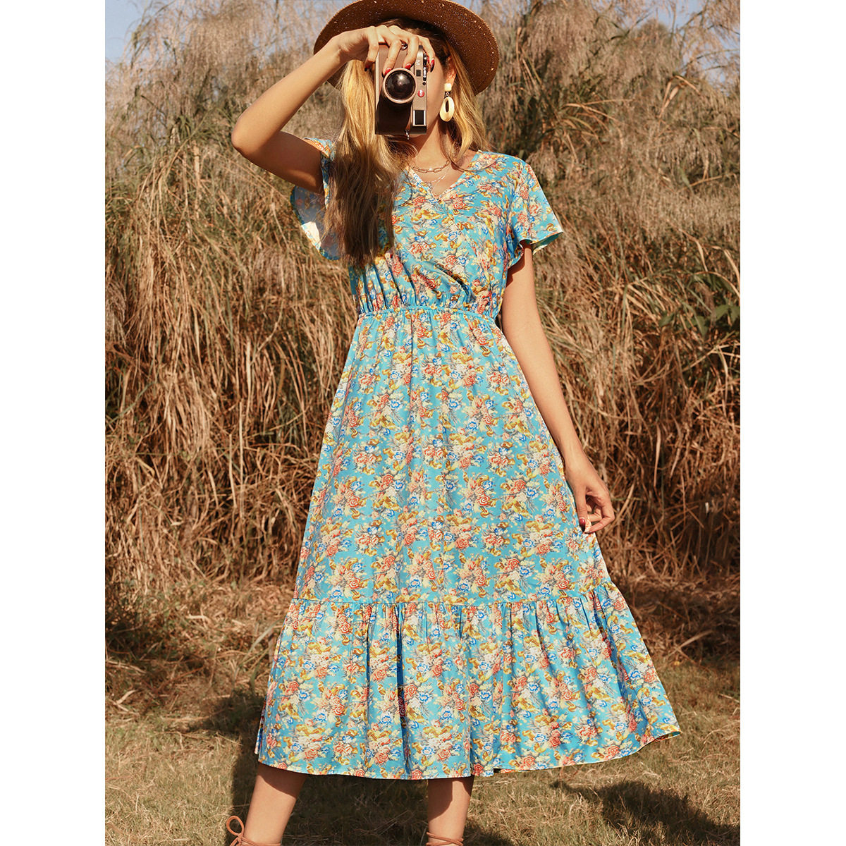 Floral Print Chiffon Dress V Neck Casual Style Vacation Ready Wholesale Available factory direct
