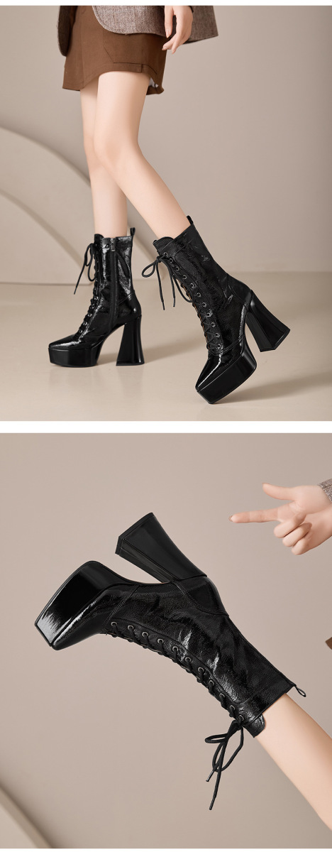 Boot nữ cao gót 12cm buộc dây phối ren đế dày cổ thấp — Da bò đen + lót nhung ren, Da bò đen + lót ren, Lớp lót bằng da bò màu đen