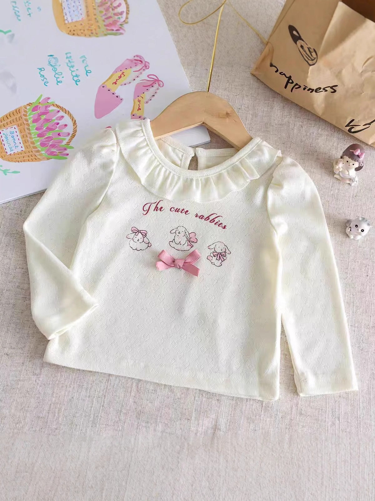 Girls' New Spring & Autumn Lightweight Top, Baby Cute Lace Mesh Bow Long-Sleeve Stylish Autumn Outfit