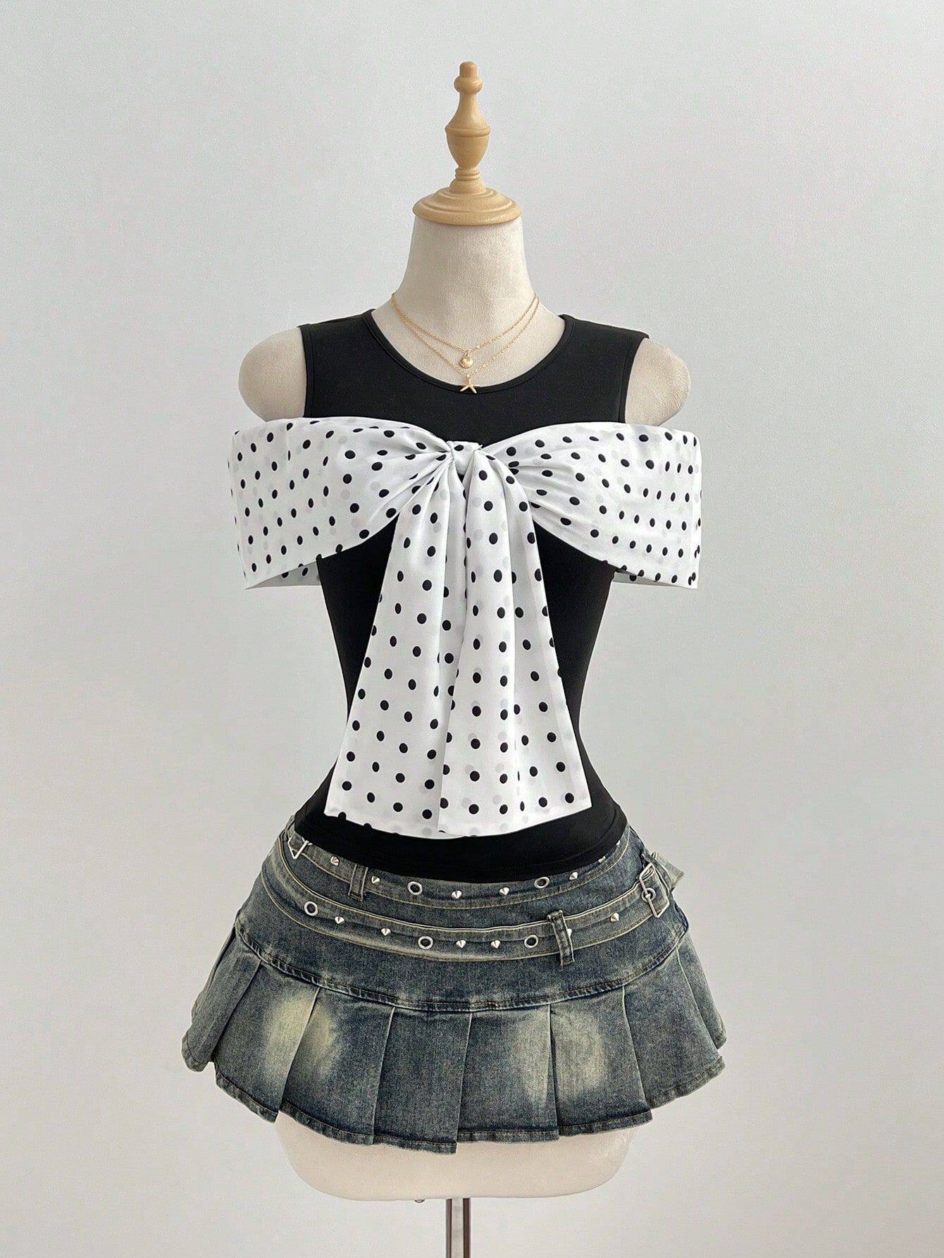 Summer Womens Fitted T Shirt Short Sleeve Bow Tie Detail Polka Dot Print Casual Wear Ready to Ship