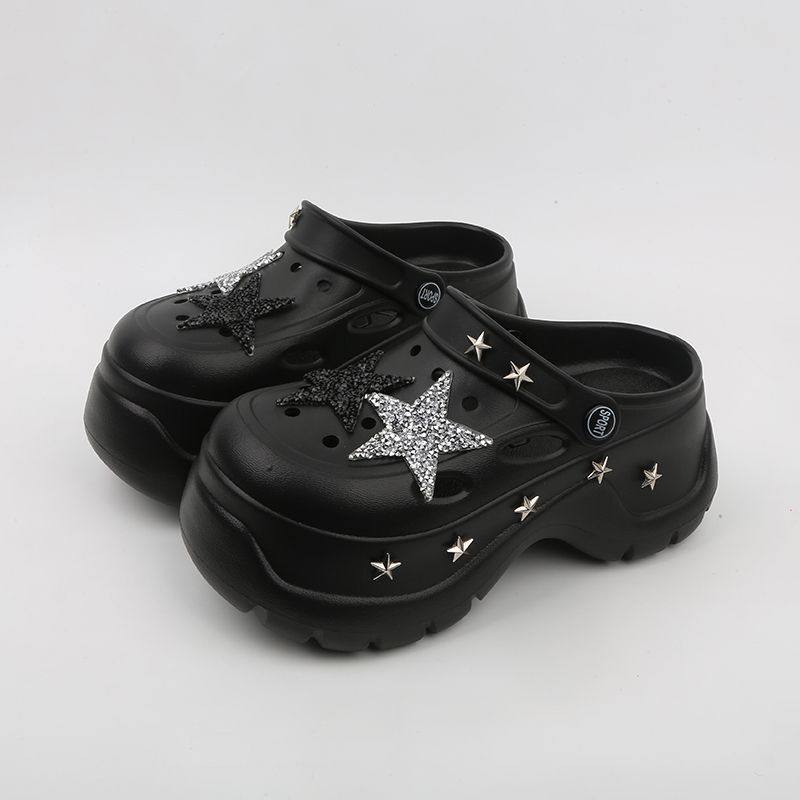 Thick Bottom Cartoon Hole Shoes Women's Summer 2024 New Style Outer Wear Non-slip Elevated Bottom Beach Baotou Half Slippers for Women