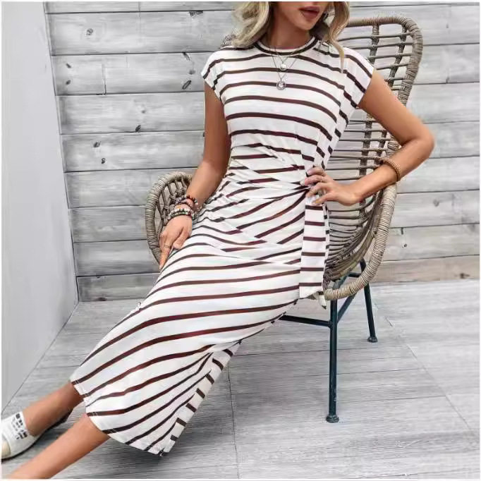 Elegant Striped Maxi Dress Waist Tie Short Sleeve Round Neck Summer Fashion for Women Wholesale Available