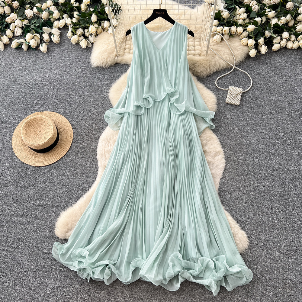 Elegant Mint Green Sleeveless Halter Dress Ruffled Hem Pleated Design Slim Fit Perfect for Early Summer Events