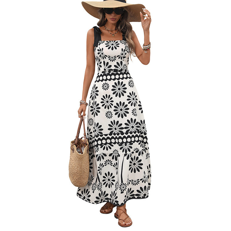 Bohemian Floral Print Backless Maxi Dress Adjustable Tie Straps Vintage Style Perfect for Summer Vacations Wholesale