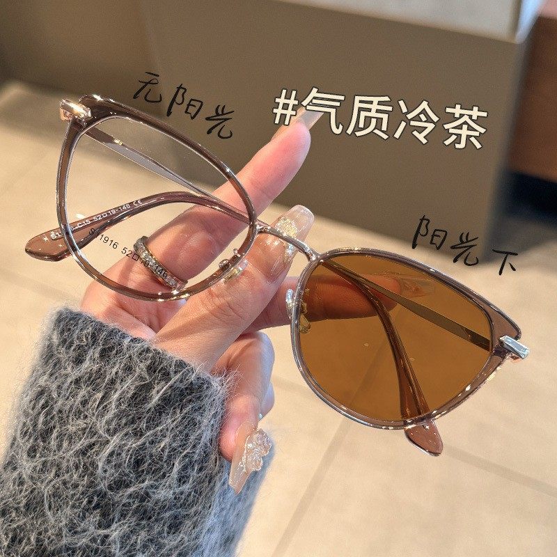 Internet Celebrity Same Style European and American Style Cat's Eye Color Changing Frame Women's Fashionable Light Luxury Anti-Blue Light Flat Mirror Ultra Light Myopia Frame