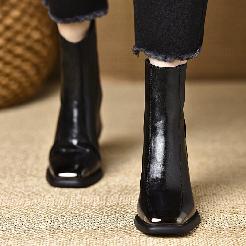 Boot nữ cổ thấp mũi vuông gót thô khóa kéo sau — Màu đen, Màu nâu