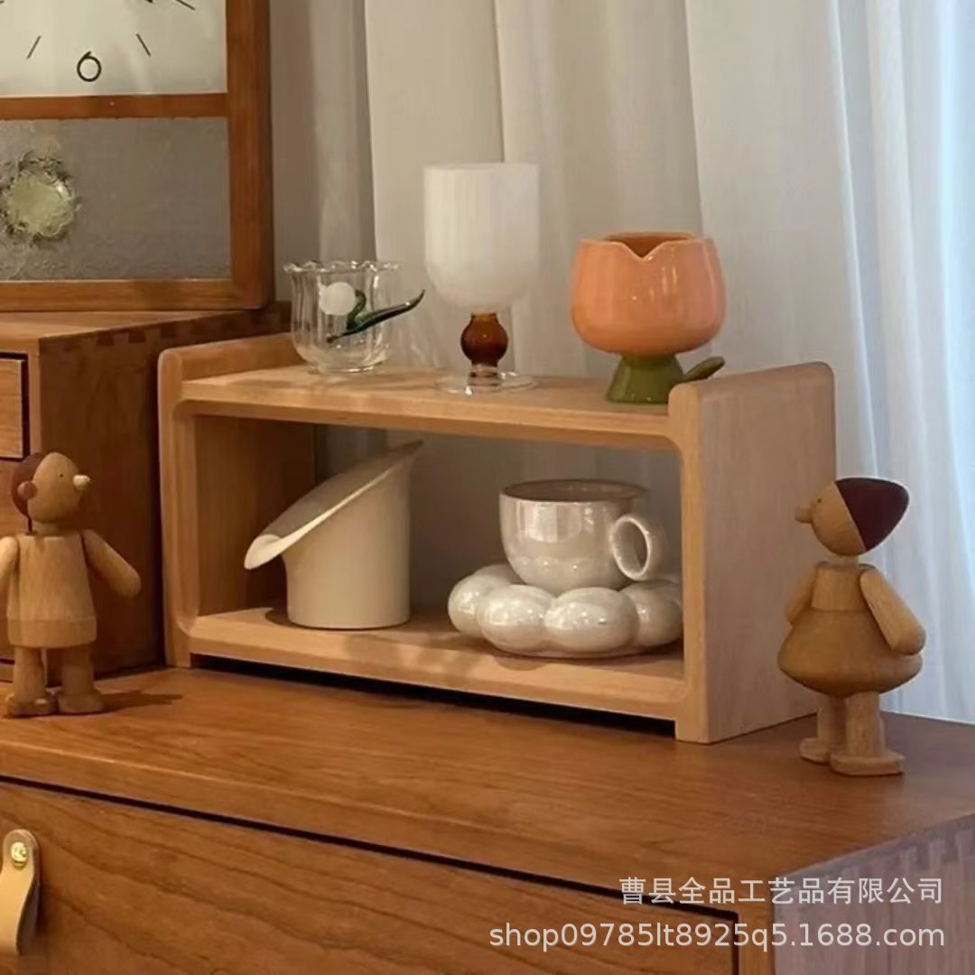 Wooden Storage Rack Nordic Japanese Style Desktop Solid Wood Storage Household Double-Layer Tea Set Coffee Cup Multi-Functional Storage
