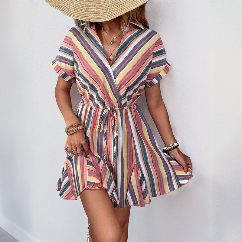 Casual Beach Vacation Dress Colorful Striped Design Shirt Collar Lightweight Fabric Summer Wear Wholesale Available