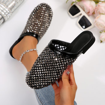 In-Stock Cross-Border Closed-Toe Slippers for Women 2026 Summer New Style with Rhinestones, Hollow Mesh, Large Size, Wholesale for Foreign Trade