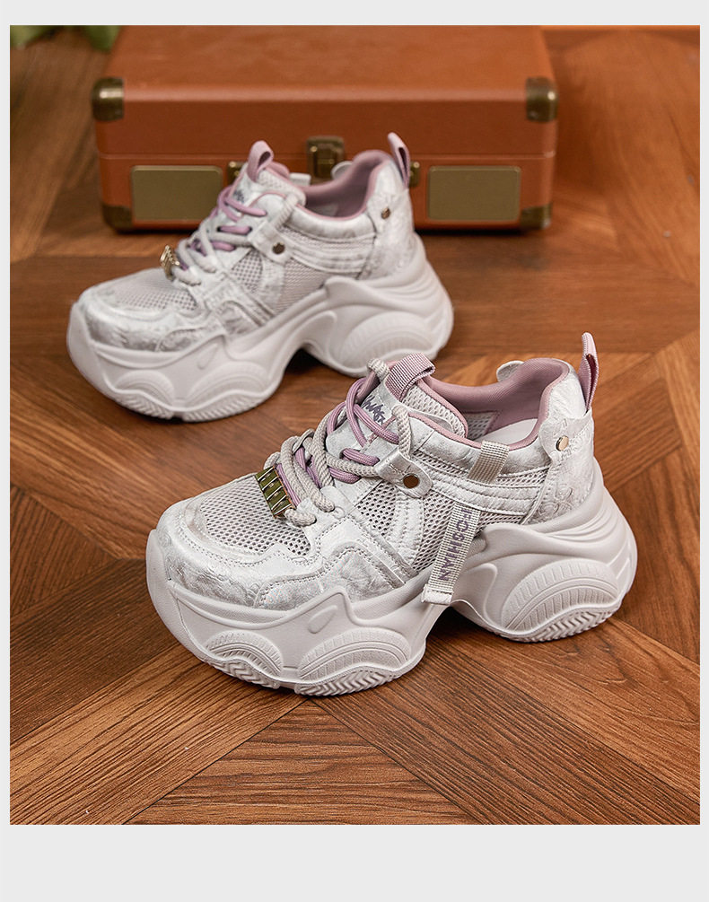 Giày sneaker nữ đế dày chunky lưới thoáng khí gót siêu cao 8 cm — Xám hồng, Len nguyên chất chi tiết 18