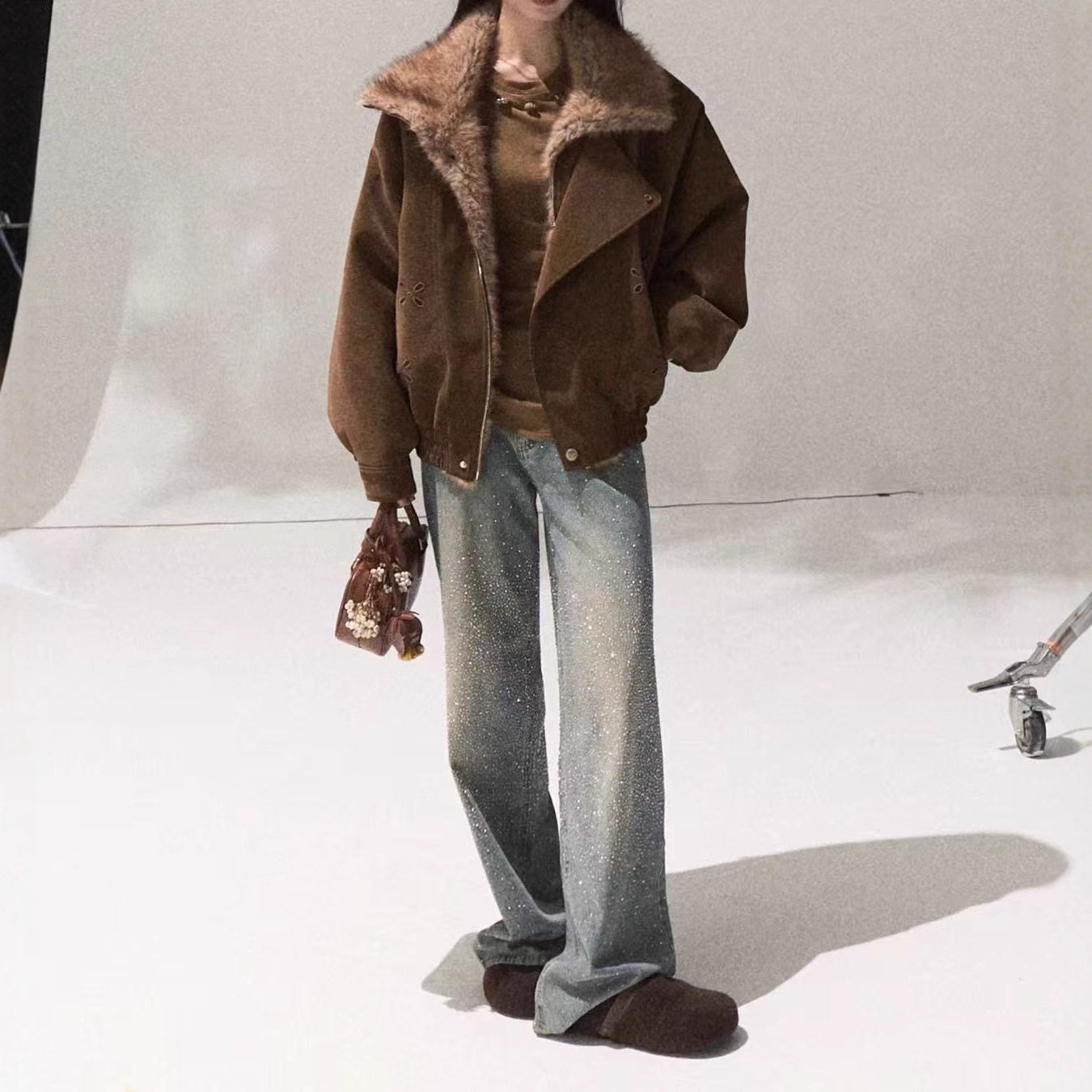 OAKMOO/ Oak and Hazelnut Winter Warm Jacket Women's Fur Collar Thick Short Jacket Lapel Top