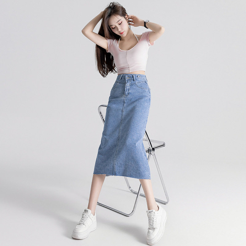 Fashionable High Waisted Denim Midi Skirt for Women Vintage Split Design A Line Silhouette Slim Fit Summer Casual