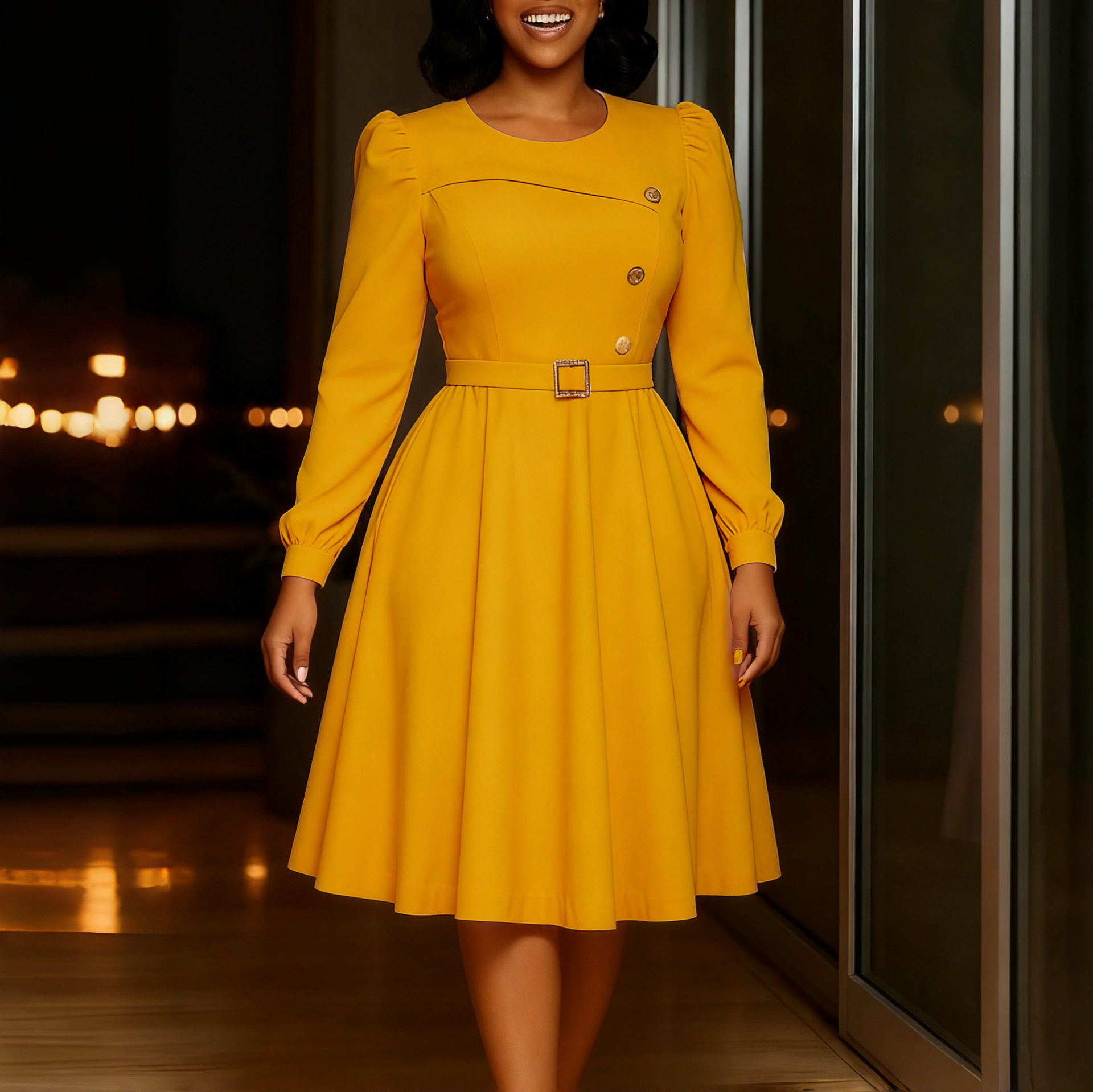 A Line Dress Long Sleeve High Waist Round Neck Solid Color Elegant Party Wear Wholesale Available
