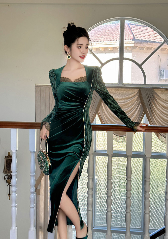 Váy Đầm Nhung Nữ Cổ chữ Vuông Tay Dài Ôm Dáng Xẻ Tà Đính Đá Màu Xanh Lá chi tiết 10