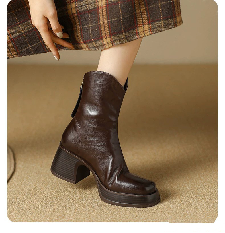 Boot nữ cổ thấp gót thô phong cách thời trang thanh lịch — Màu đen, Màu nâu