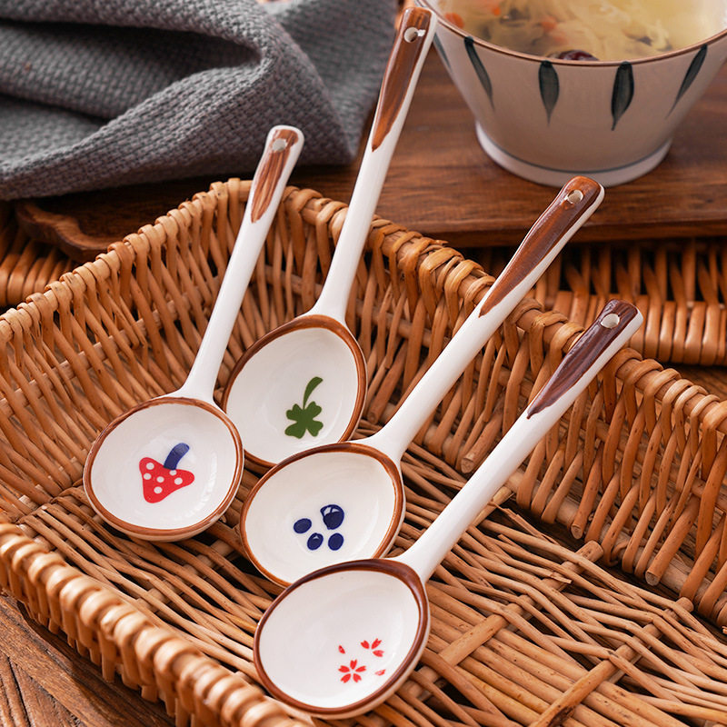 Long Handle Ceramic Spoon Household Rice Spoon Cartoon Spoon Children's Soup Spoon Cute Strawberry Spoon Hand-painted Internet Red Tableware