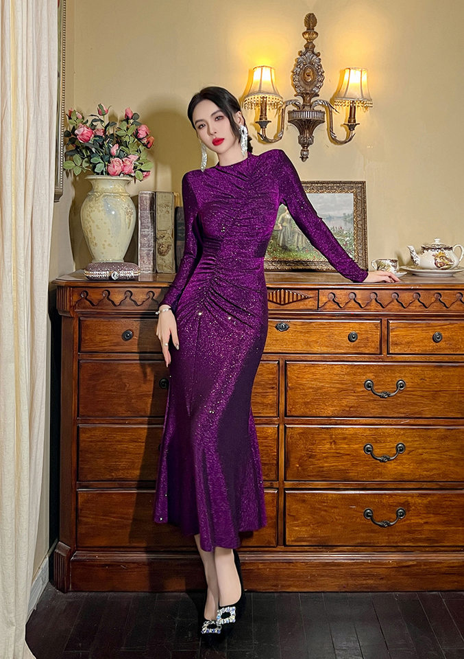 Đầm Dự Tiệc Nữ Dáng Ôm Thiết Kế Cổ Điển Xếp Ly Che Bụng Xẻ Tà Lấp Lánh Màu Nâu, Tím chi tiết 8