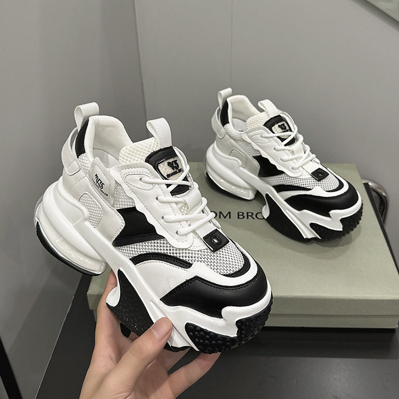 Giày sneaker nữ chunky đế dày da bò thật phối lưới thoáng khí, gót siêu cao 8 cm, tăng chiều cao — Trắng, đen, Xám, Hồng