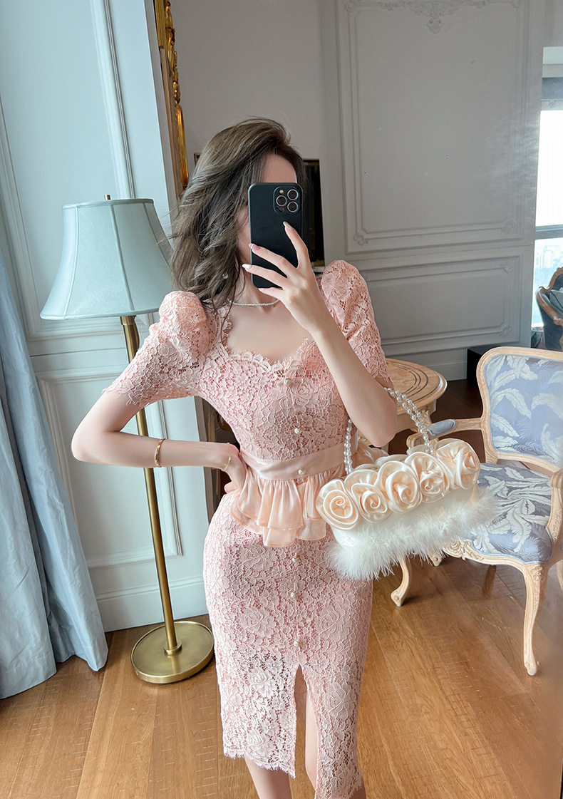 Đầm ren ôm body nữ cổ vuông tay ngắn họa tiết hoa fuchsia — [Hồng] chi tiết 14