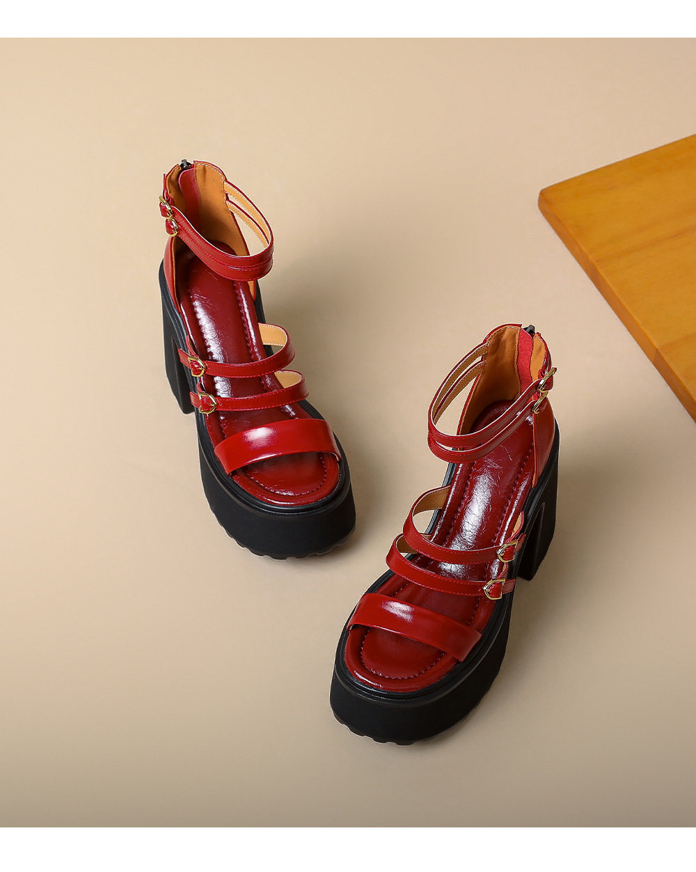 Sandal cao gót nữ hở mũi đế xuồng 12 cm phong cách La Mã — [Đen], [Đỏ] chi tiết 13