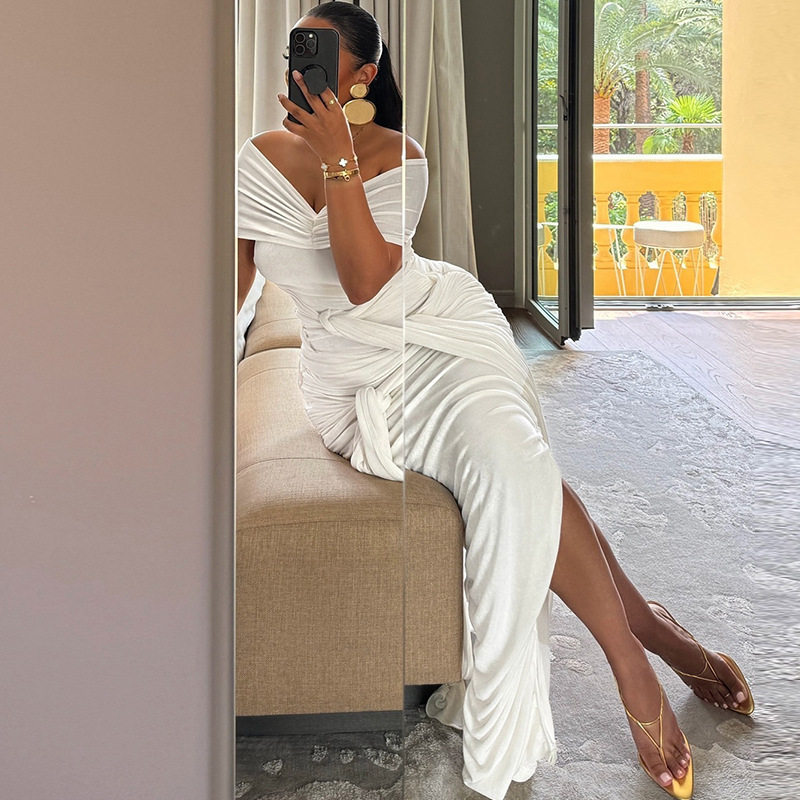 Womens Elegant Solid Color Dress Off Shoulder Split Hem Flowing Ribbons Casual or Party Wear Wholesale Available