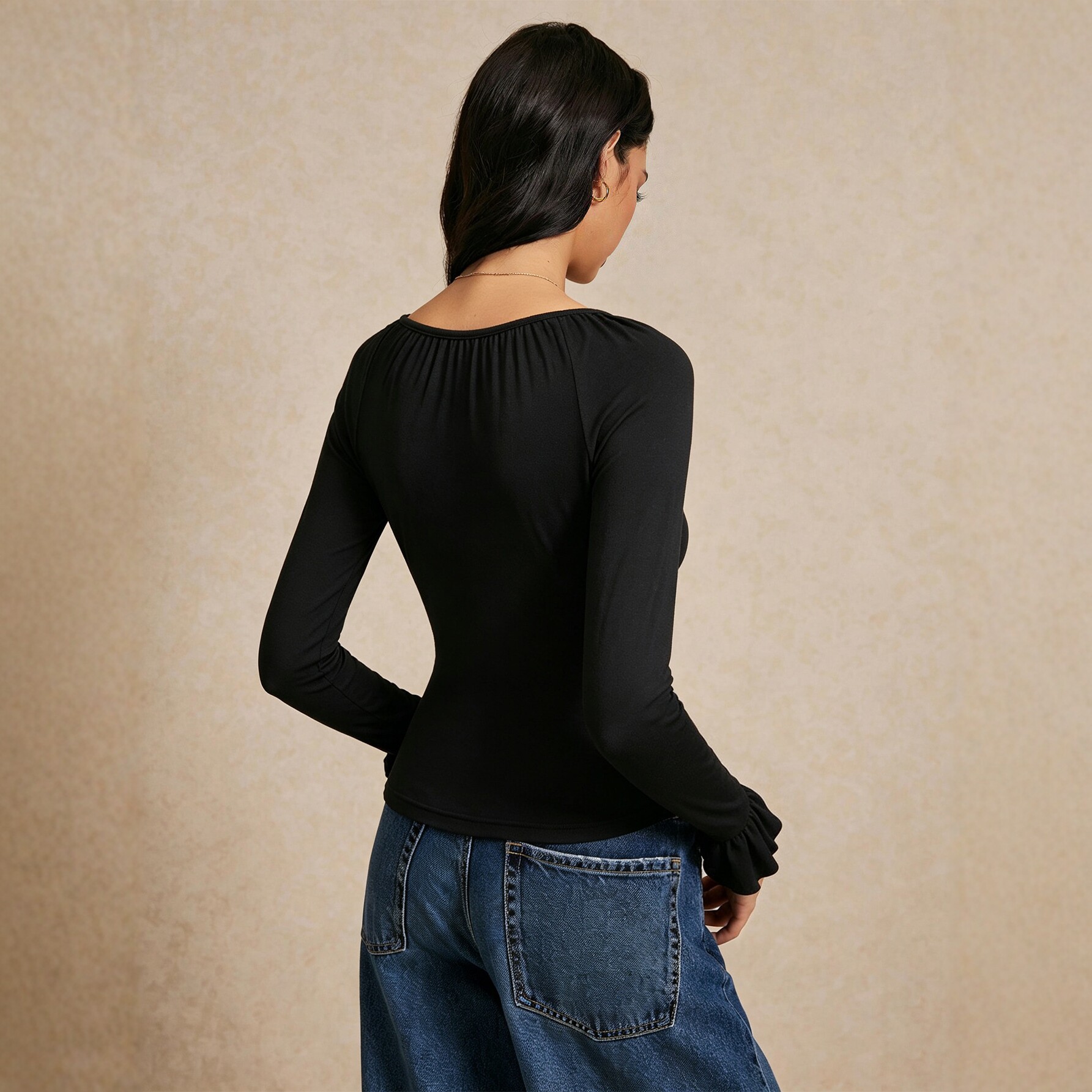 Womens Long Sleeve Lace Panel Tie Waist T Shirt Square Neck Flared Sleeves Slim Fit Casual Wear Wholesale Available