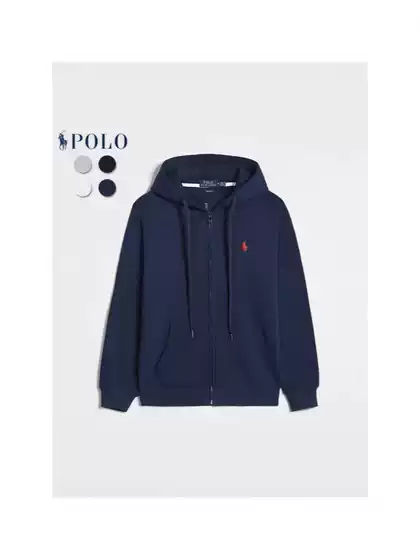 Spring and Autumn Style - Men's Long Sleeve Sweatshirt with Casual Zipper, Solid Color Embroidered Pony Logo Zipper Cardigan