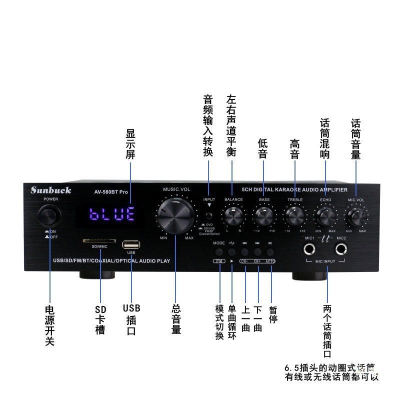 5-Channel Amplifier, Home Amplifier, Karaoke Amplifier, High-Power Amplifier with Card, Remote Control, Bluetooth Amplifier