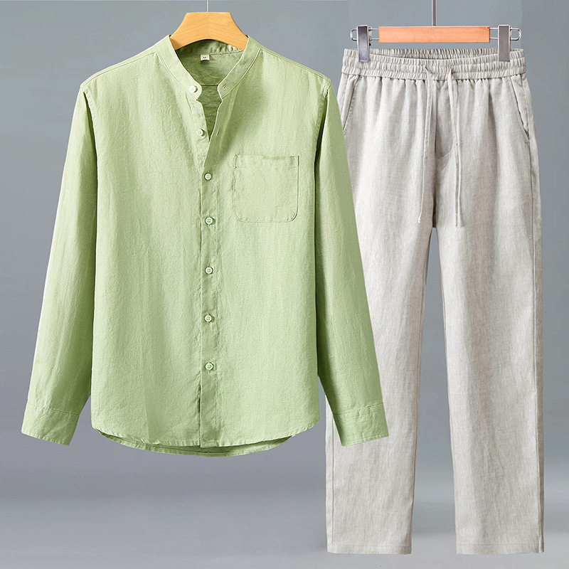 套装亚麻长袖衬衫男中国风休闲纯麻口袋宽松开衫长裤麻料外穿