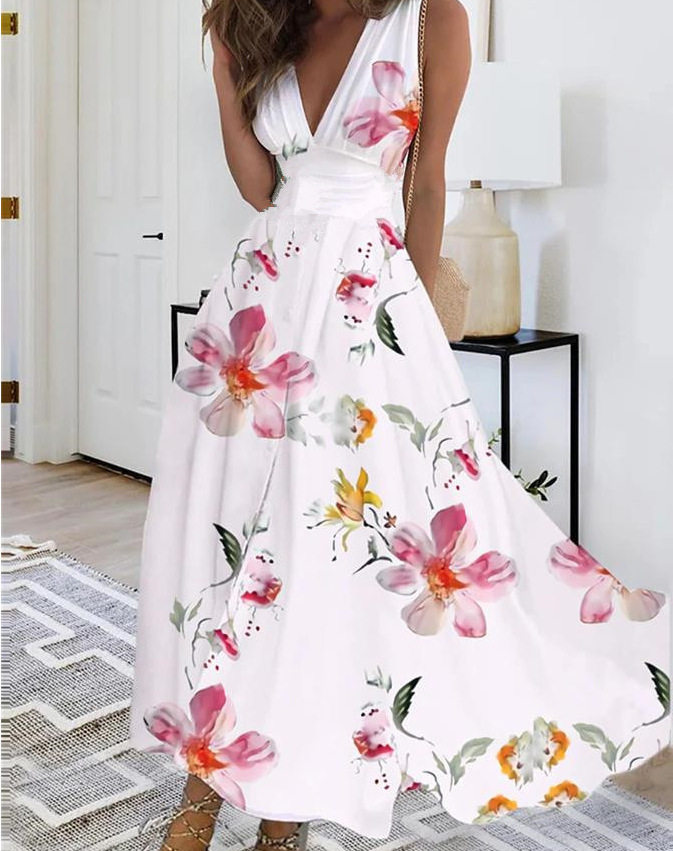 2023亚马逊欧美跨境女装夏季新款V领高腰无袖印花性感背心连衣裙