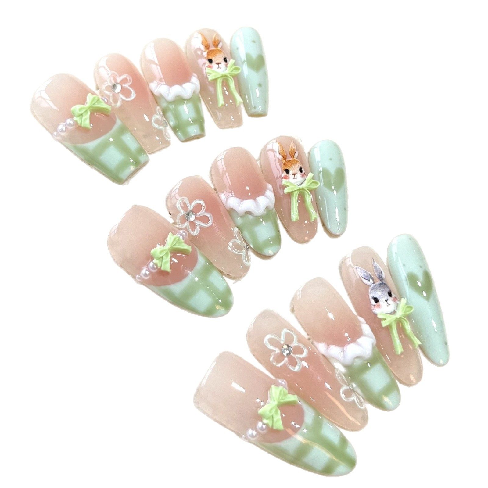 [Pastoral Bunny]Purely Handmade Wearable Nails, French Plaid Lace Skirt Style Nail Art, High-End Wearable Nail Products Wholesale