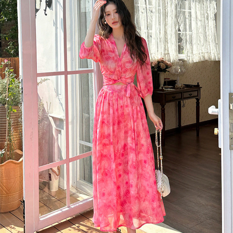 High Quality Summer Vacation Dress Floral Chiffon Sexy V Neck Cross Tie Design Perfect for Beach or Party Wholesale