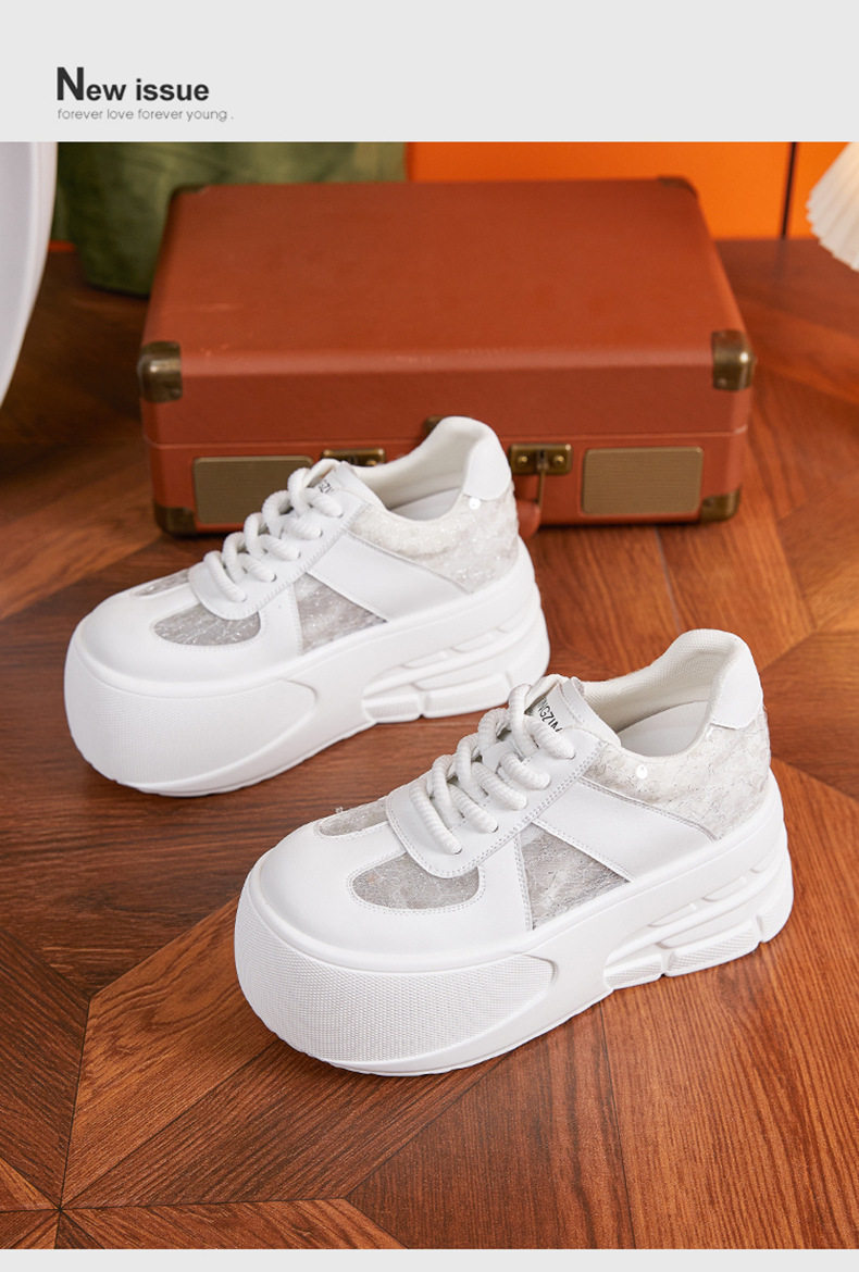 Giày sneaker nữ đế dày chunky lưới thoáng khí, tăng chiều cao, phong cách đa năng — Trắng, Bạc chi tiết 11