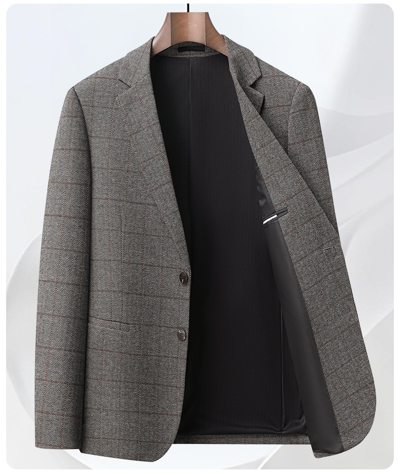 Áo blazer nam dày dặn phong cách công sở phối kẻ sọc — lưới cà phê