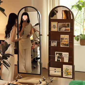 Solid Wood Floor-Standing Dressing Mirror, Antique Style Household Removable Rotating Full-Length Mirror, Newspaper and Newspaper Integrated Fitting Mirror