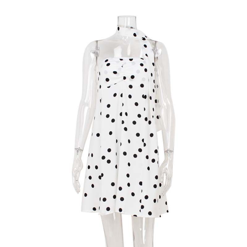 Chic Strapless Dress Elegant Loose Fit Polka Dot Print Stylish Neck Scarf Perfect for Parties and Casual Outings