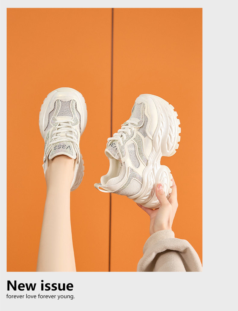 Giày sneaker nữ chunky đế dày đính đá rhinestone hở mũi quai ngang — Trắng, Bạc chi tiết 12