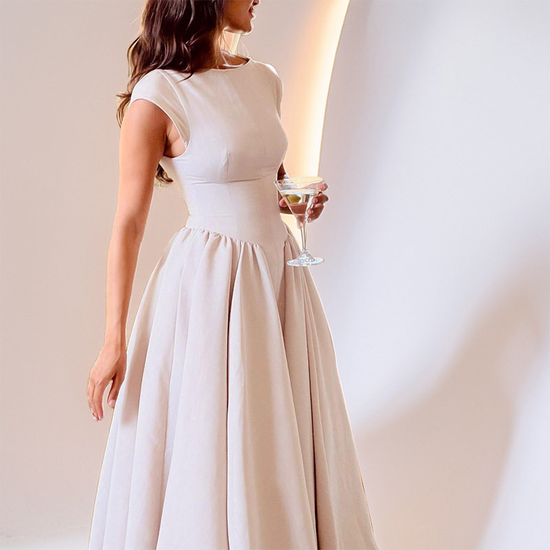 2026春季新款欧美女装 优雅性感露背连衣裙 时尚修身无袖纯色长裙