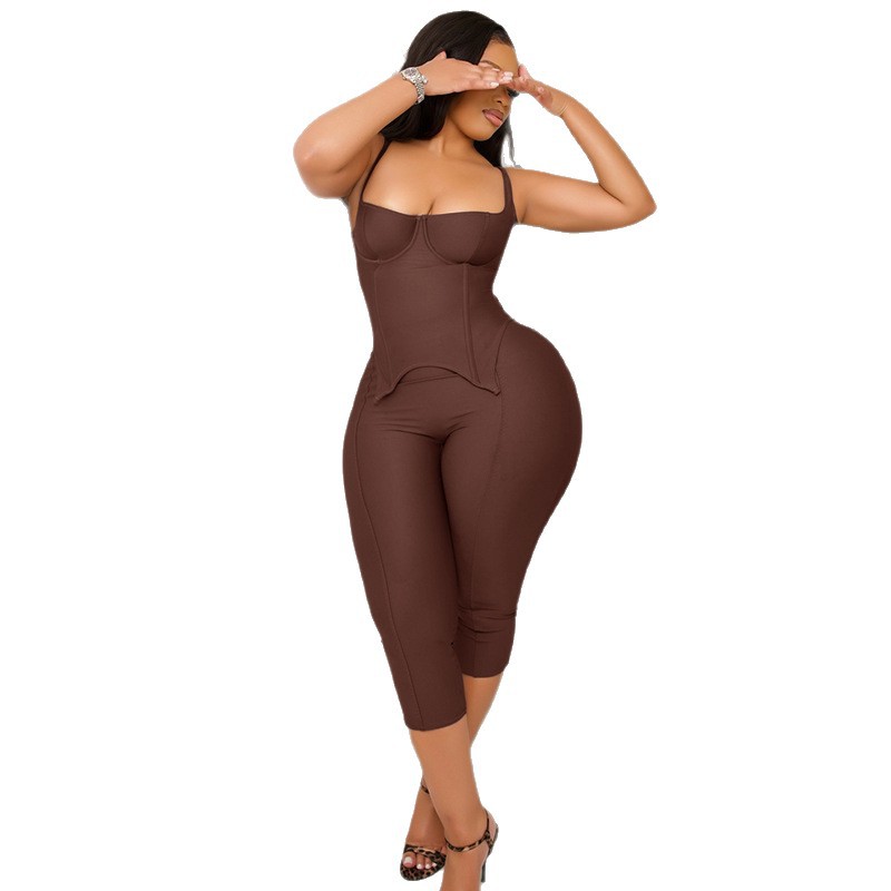 Womens Solid Color Jumpsuit Set Halter Neck Backless Slim Fit Three Quarter Length Casual Chic for Summer
