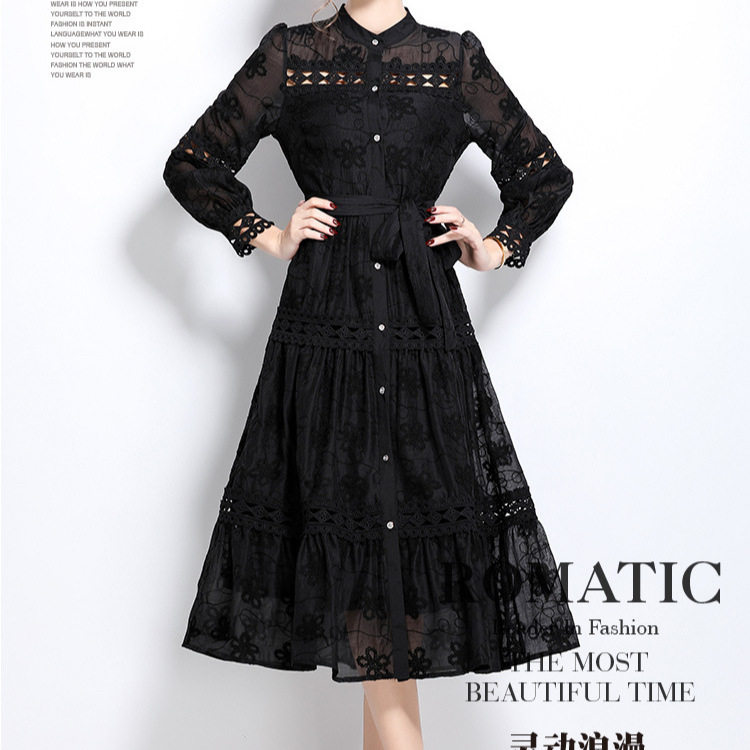Elegant French Lace Trimmed Long Dress High End Embroidery Lantern Sleeves Autumn Fashion Wholesale Available