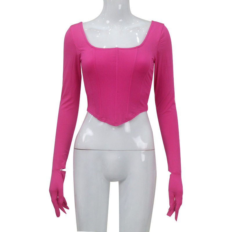 Fashionable Womens Top Sexy U Neck Long Sleeve Slim Fit Corset Style Trendy Short Length with Gloves Wholesale