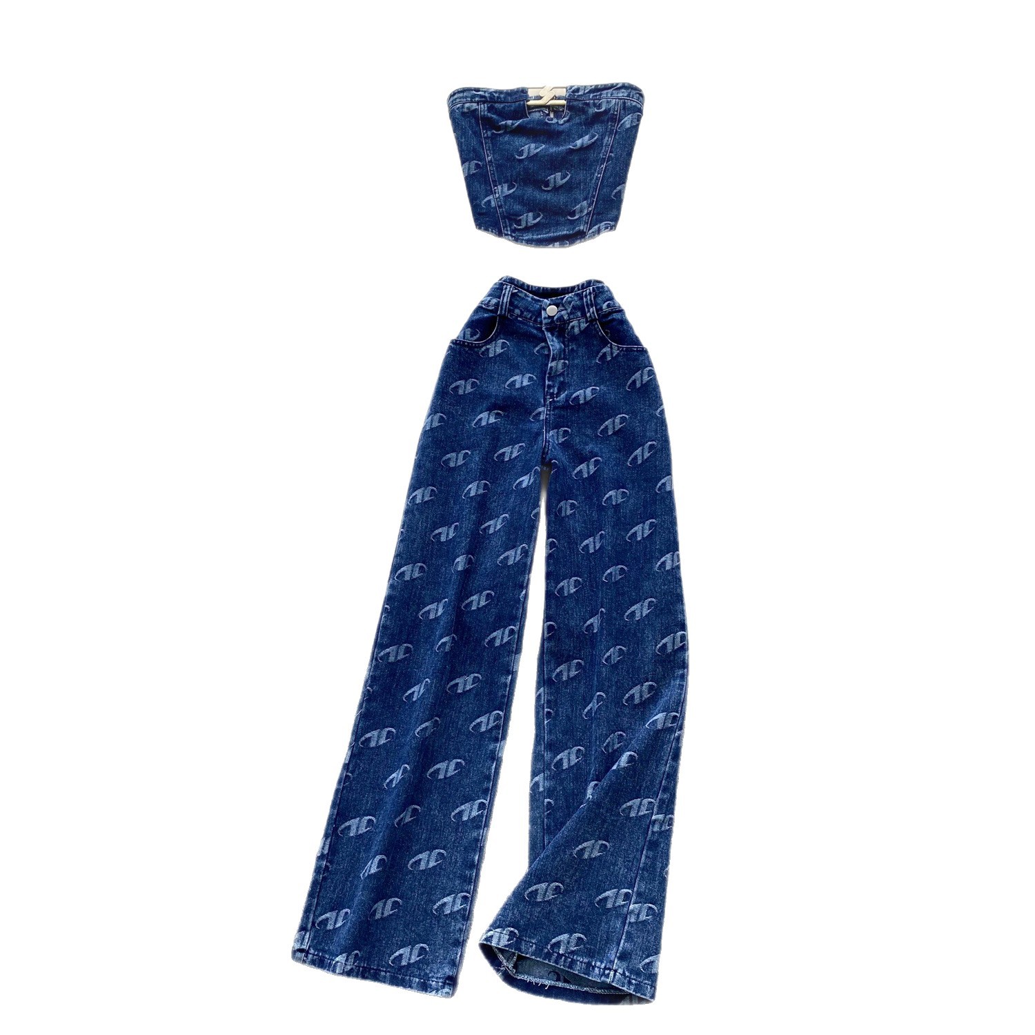 Metal Buckle Floral Print Strapless Top and High Waist Slim Fit Jeans Set for Women Summer Casual Wear Wholesale