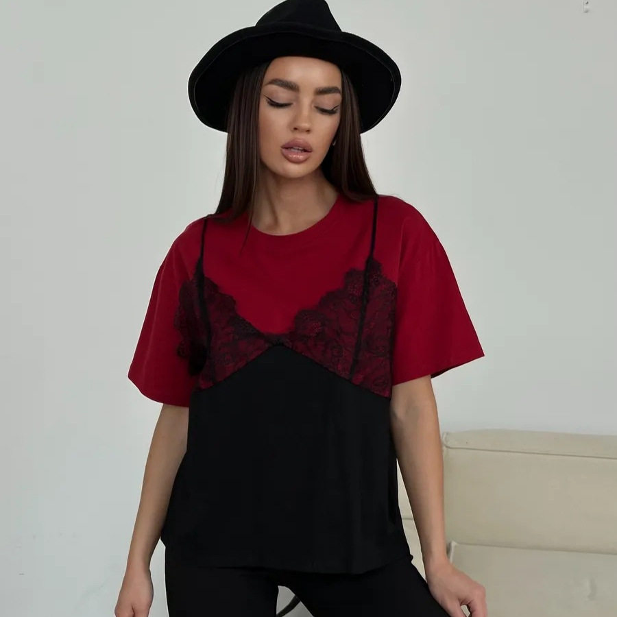 Lace Trimmed Loose Fit T Shirt Short Sleeve Round Neck Casual Style Perfect for Summer Wear Wholesale Available